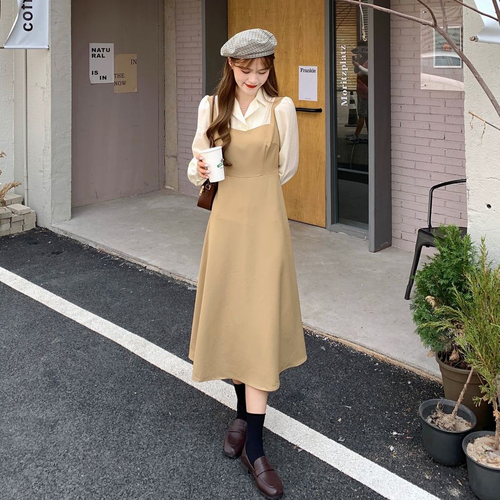 Mới Đầm Nữ Dài Tay Cổ Tròn Eo Thắt Dây Thời Trang Hàn