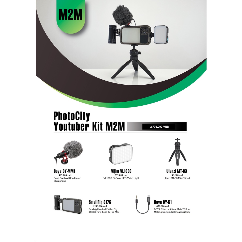 PHOTOCITY YOUTUBER KIT M2M - Combo Mic thu âm BOYA BY-MM1 và Phụ kiện dành cho điện thoại iPhone 12 Pro Max