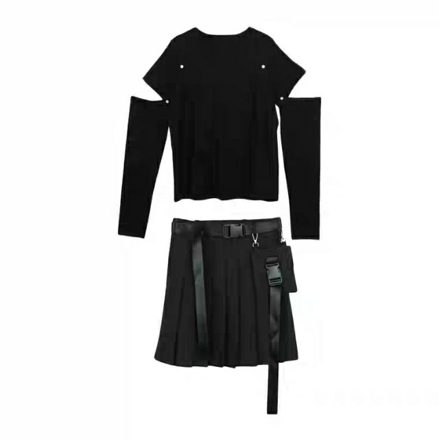 🛍 (SẴN) 🛍 Set đồ nữ cá tính - Áo thun dài tay cut-out - Chân váy xếp ly ngắn có túi kèm dây đai (Ms D16) | BigBuy360 - bigbuy360.vn