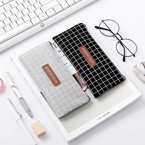 Túi đựng bút vải canvas họa tiết kẻ ô đơn giản phong cách Hàn Quốc sáng tạo cho học sinh