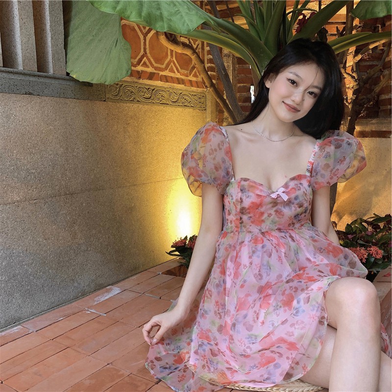 Đầm hoa nữ dáng xoè tay phồng tiểu thư