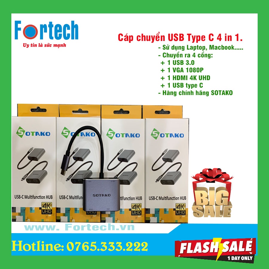 Cáp chuyển đổi Type C 4 in 1 - VGA, HDMI, USB và Type C SOTAKO chính hãng.