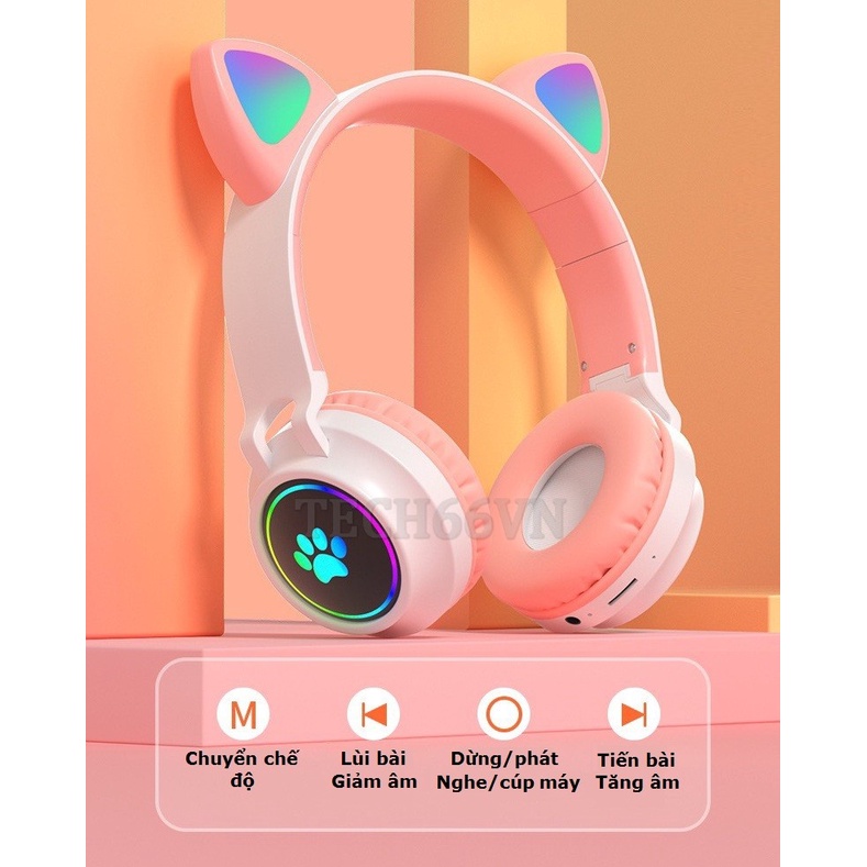 Tai Nghe Mèo Bluetooth, Headphone Tai Mèo Dễ Thương Có Mic,Âm Bass Mạnh Mẽ Và Dung Lượng Pin Khủng 400mAh BH 12 Tháng