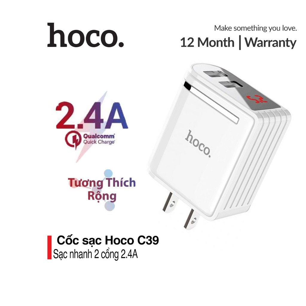 Cốc sạc hai cổng Hoco C39 màn hình LED hiển thị điện áp đầu ra