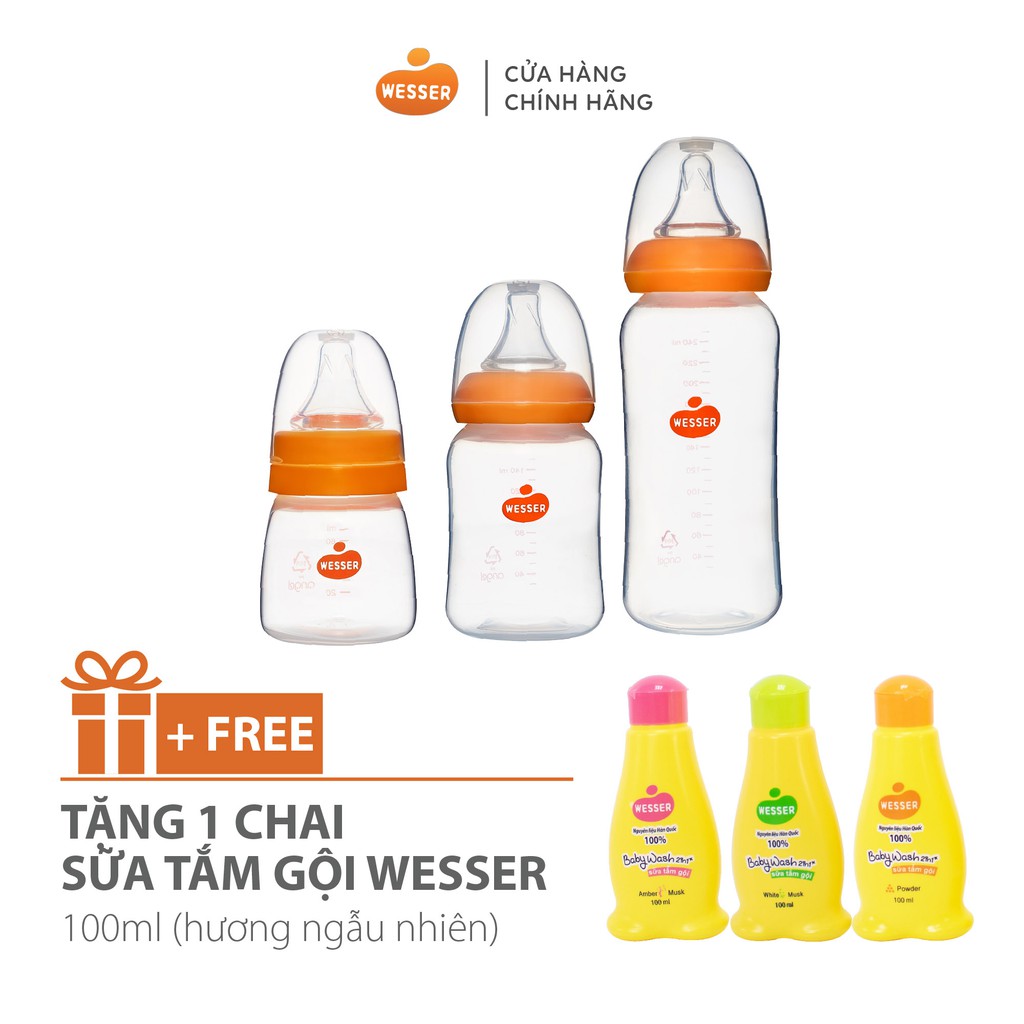 Bộ 3 Bình sữa Wesser PP (cổ hẹp) 60ml, 140ml và 250ml - TẶNG KÈM NẮP ĐẬY BÌNH SỮA & 1 CHAI ST WESSER 100ML (Hương bất kỳ