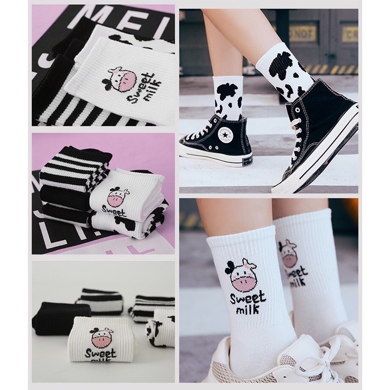 Tất cổ cao họa tiết bò sữa cho nữ đáng yêu dễ thương phong cách vintage Hàn Quốc thời trang giá rẻ ABICA TD033