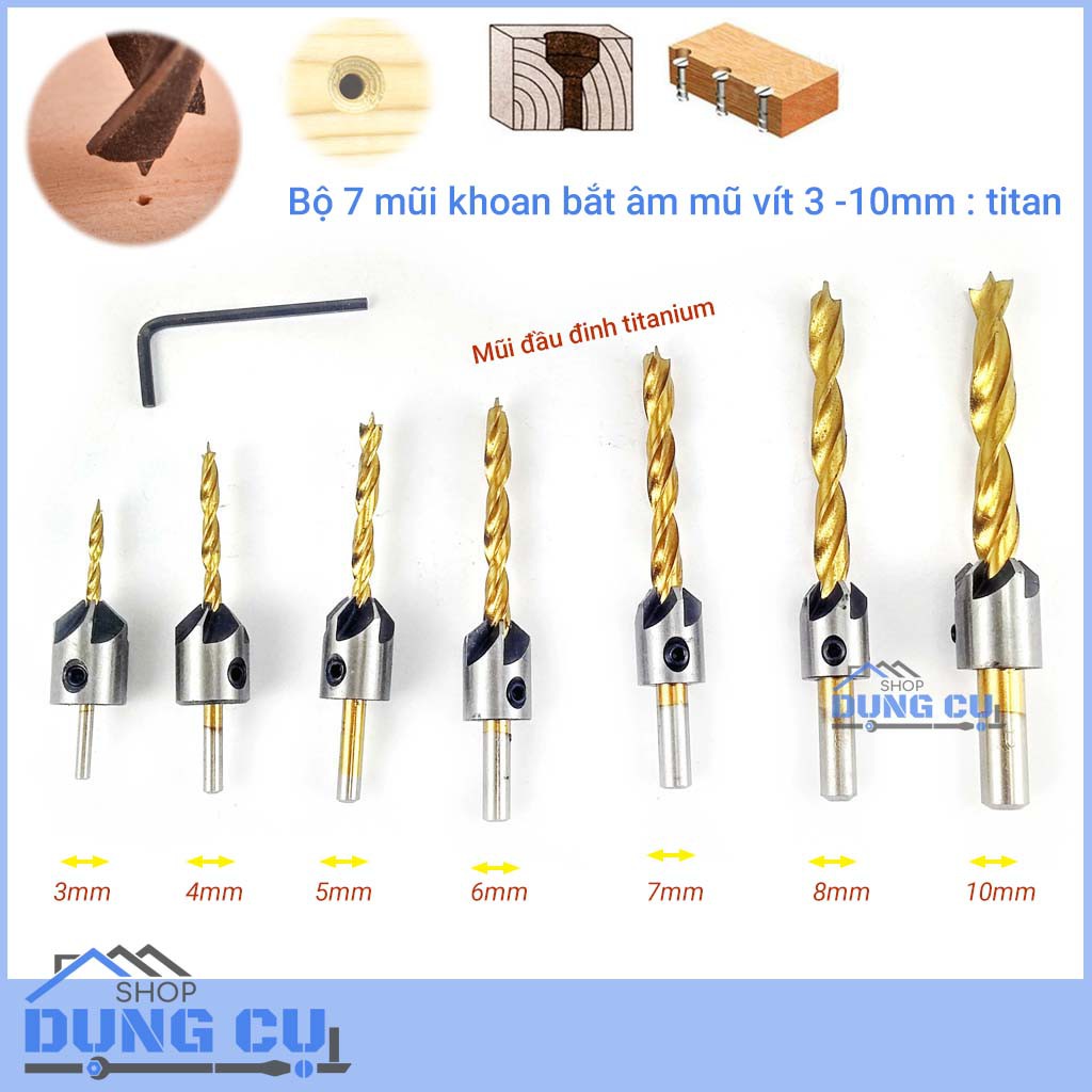 Bộ 7 mũi khoan gỗ đầu đinh bắt âm mũ vít phủ titanium