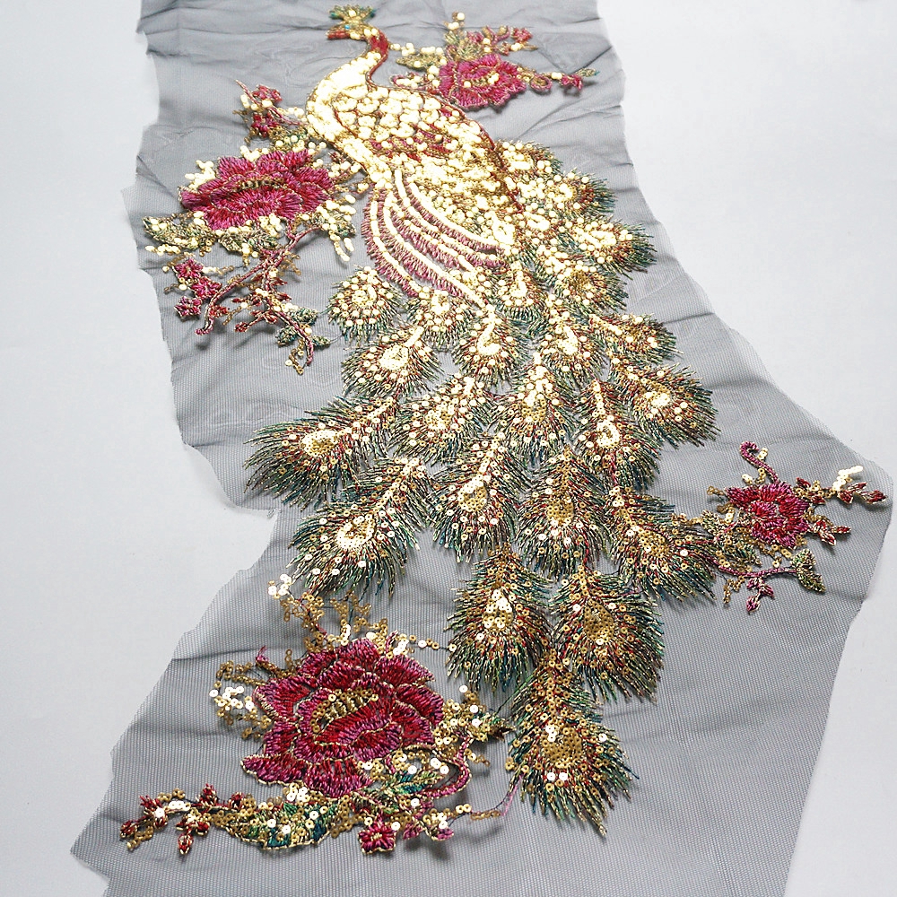 Đen Vải Tuyn Thêu Hình Chim Công Đính Kim Sa Vàng Lấp Lánh Trang Trí Cổ Áo Cưới diy