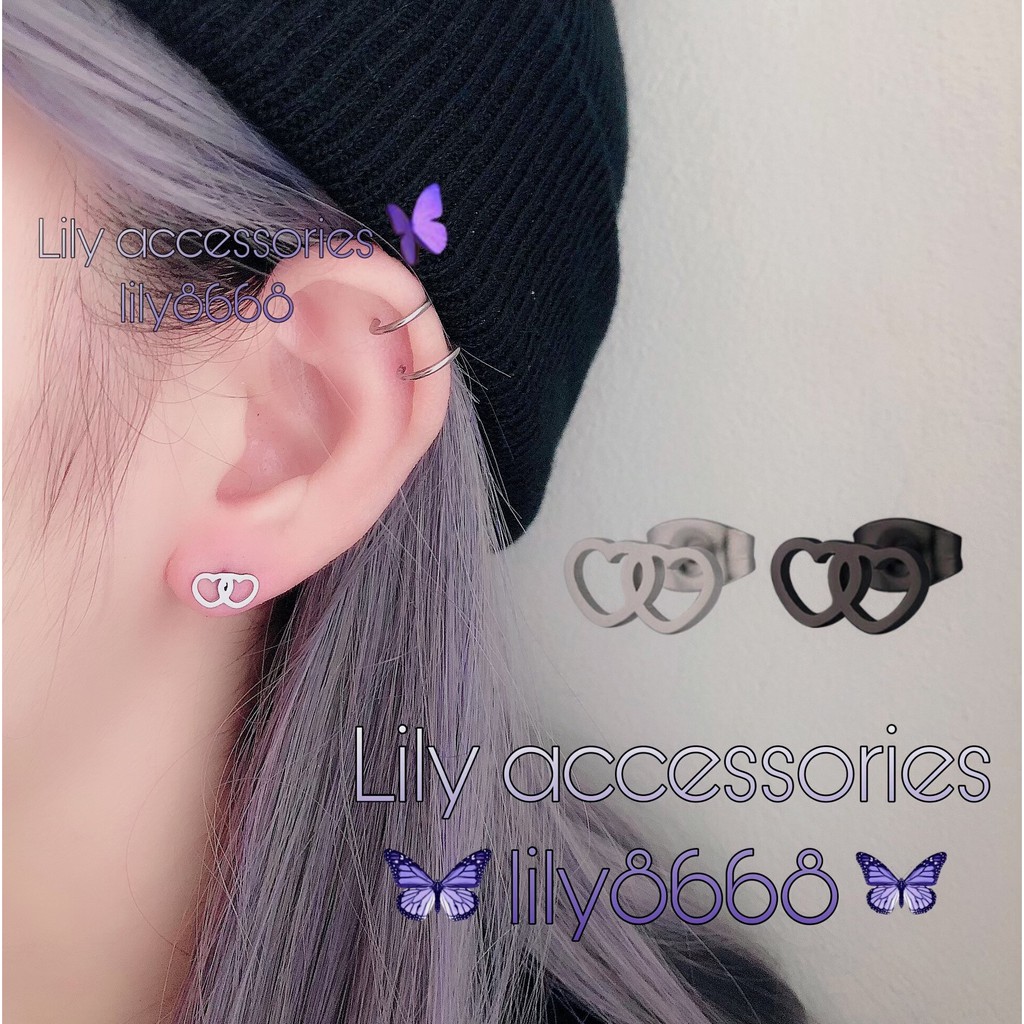 Double Heart Empty Earring khuyên tai titan trái tim không gỉ không đen không dị ứng cho nam nữ unisex