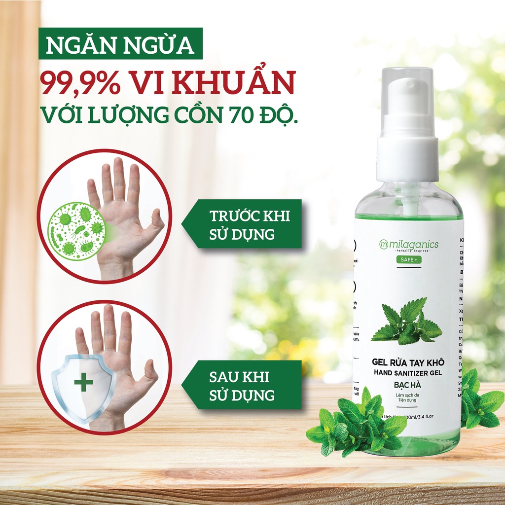 Gel Rửa Tay Khô Diệt Khuẩn Từ Cồn 70 Độ, Không Gây Khô Da Hương Bạc Hà MILAGANICS 100ml (Chai)