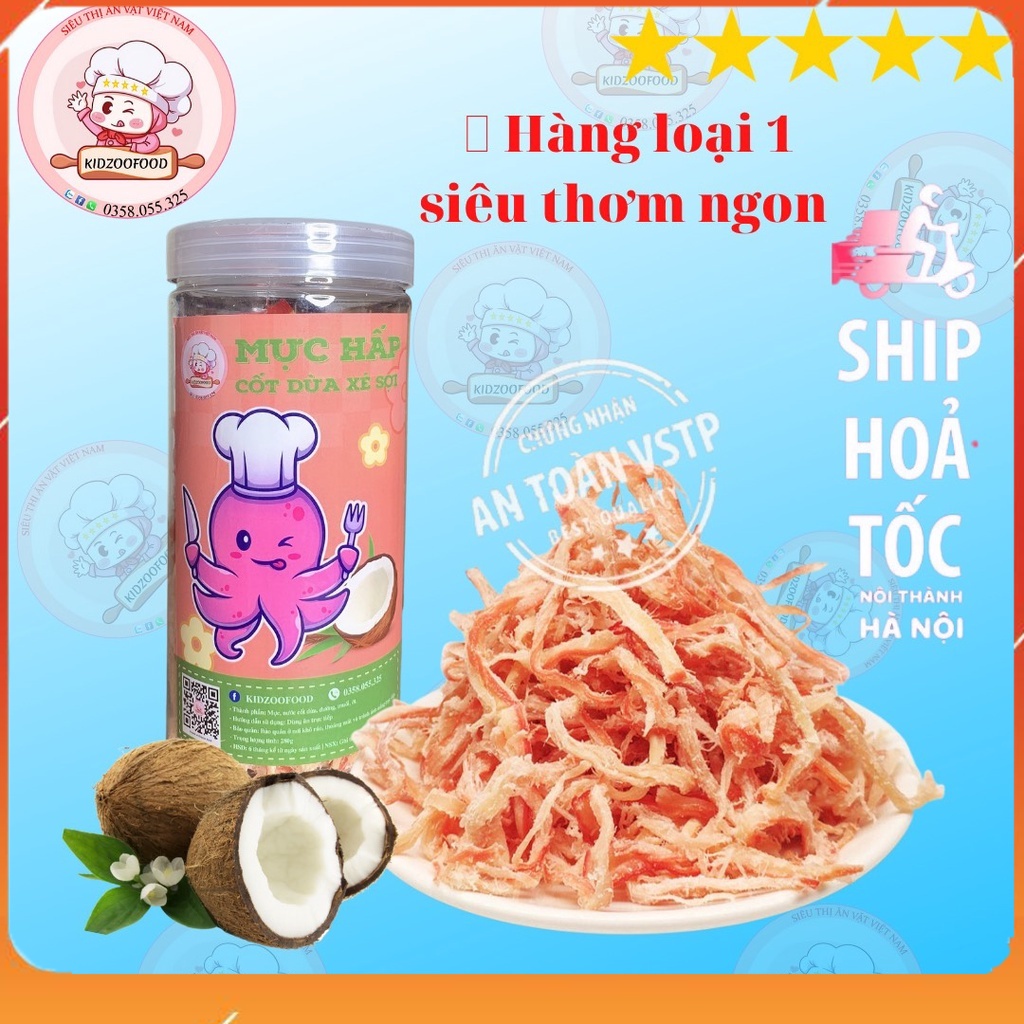 Khô mực hấp dừa xé sợi 280g, Khô mực hàng loại 1 siêu thơm ngon, kèm tương ớt. KIDZOOFOOD đồ ăn vặt Việt Nam