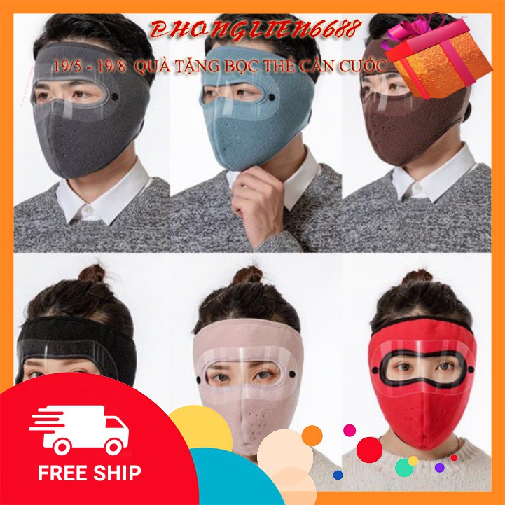 Khẩu trang vải ninja lót nỉ siêu ấm kèm kính chắn gió mưa bụi tiện lợi