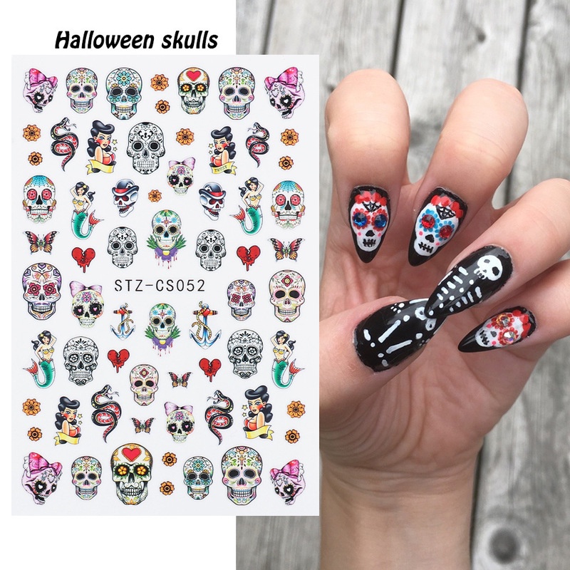 Miếng Dán Trang Trí Móng Tay Hình Đầu Lâu / Hoa Lá Phong / Đầu Lâu / Xương Rắn Màu Đen Phong Cách Halloween