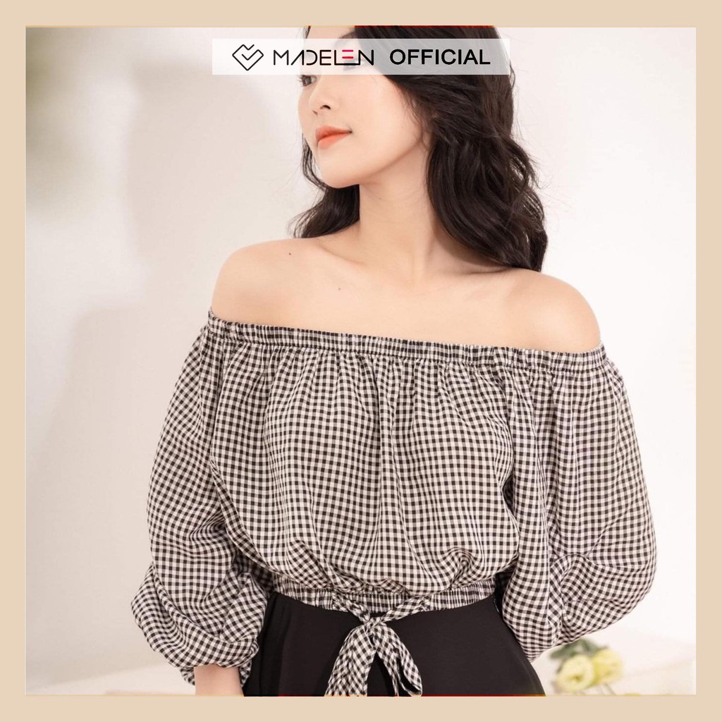 Áo trễ vai dài tay nữ MADELEN màu kẻ gingham đen trắng dáng croptop