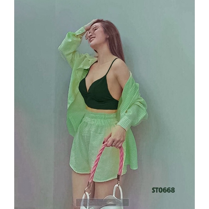 Set khoác sơ mi sọc + bra 2s + short sọc