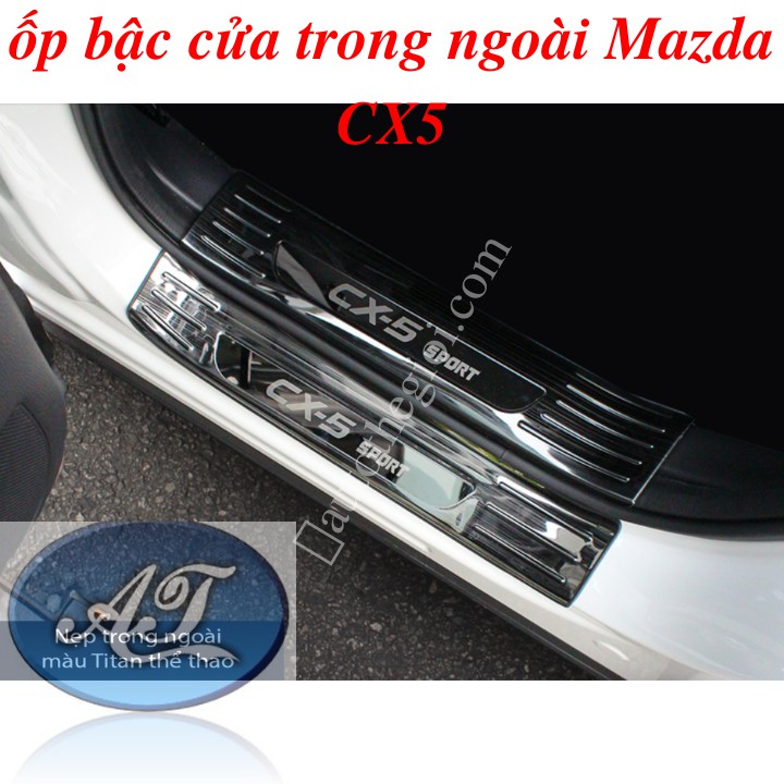 Bộ 8 miếng ốp bậc cửa trong ngoài Mazda CX5 2018-2020 loại đẹp - titan - tặng dung dịch tăng độ kết dính 3M