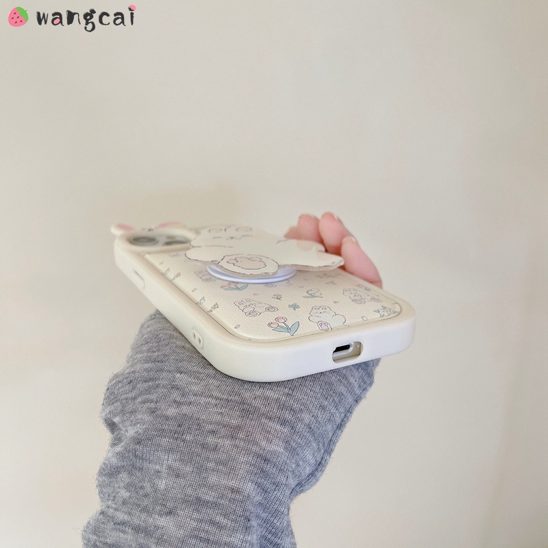 Compatible For iPhone 14 Plus 14 13 12 11 Pro Max Phone Case Rabbit Ear Ears Holder Stand Tulip Lily Of The Valley Flower Cute Cartoon Leather Shockproof Casing Cases Case Cover