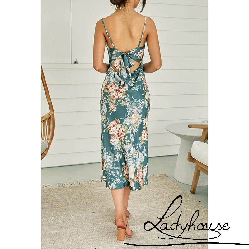 Đầm Hai Dây In Hoa Hở Lưng Thời Trang Mùa Hè Tinh Tế Cho Nữ