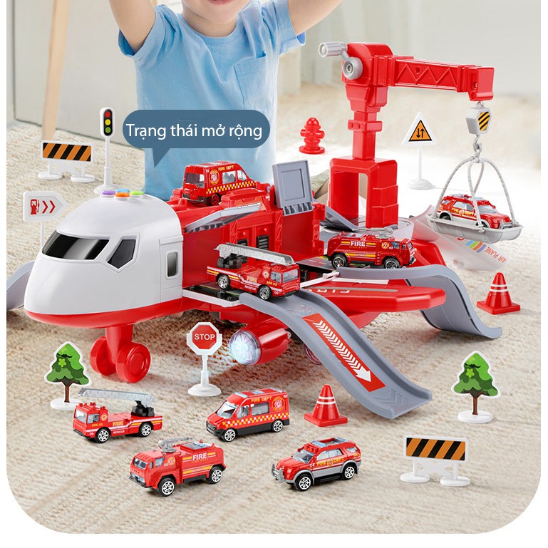 Bộ đồ chơi máy bay  KAVY có nhạc và đèn chủ đề cứu hỏa kèm thang trượt giàn cẩu, 4 xe cứu hỏa kim loại - màu đỏ