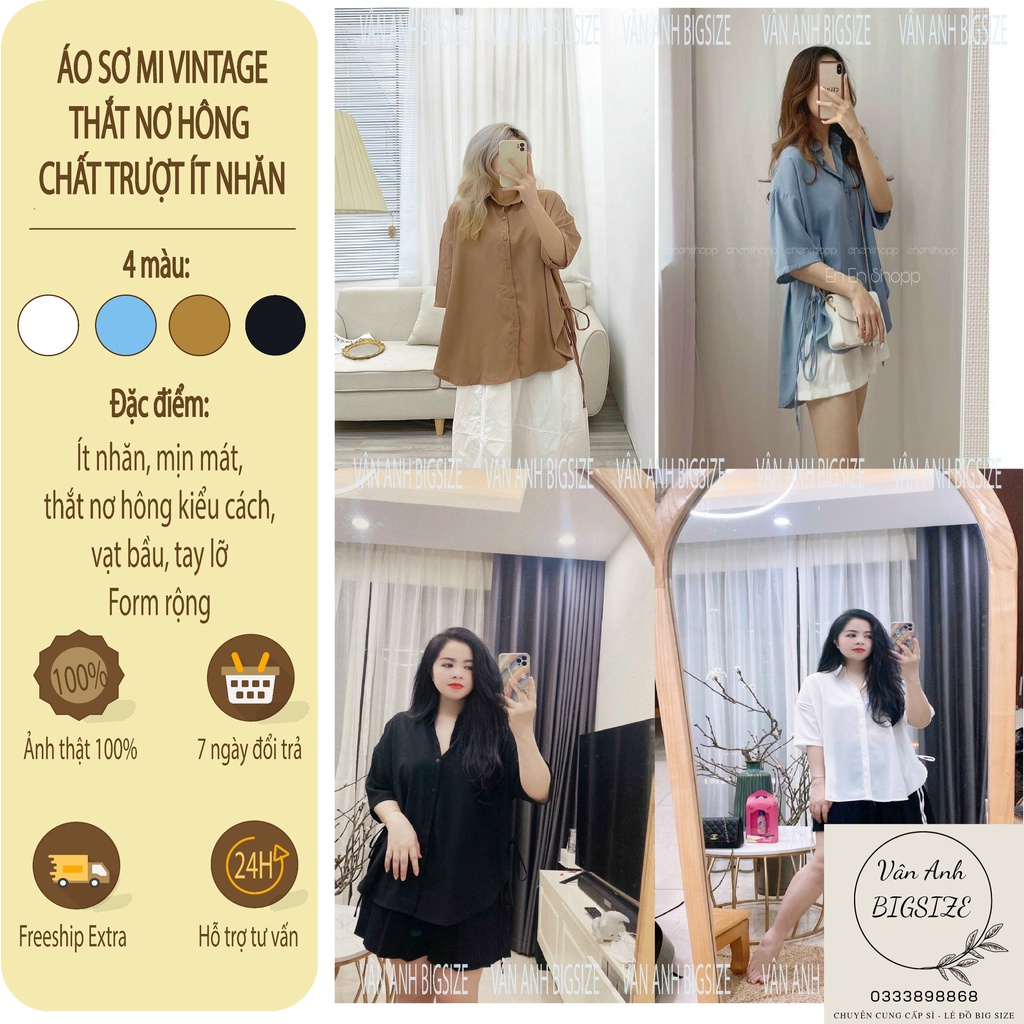 Áo Sơ Mi Nữ (Có Bigsize) Form Rộng Vạt Bầu Thắt Nơ Hông Ít Nhăn Phong Cách Vintage Đi Làm