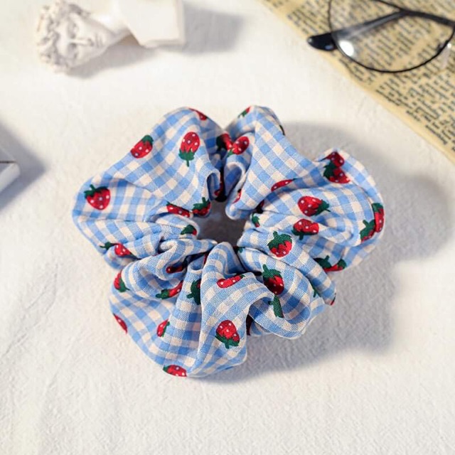 Chun cột tóc Scrunchies kẻ caro hoa quả