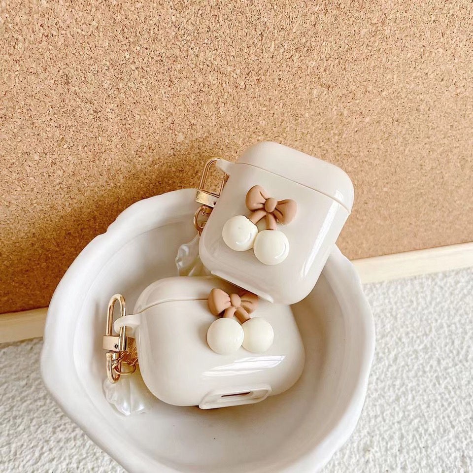 Vỏ bảo vệ hộp sạc tai nghe Airpods 1 2 3 Pro Apple Bluetooth chất liệu mềm hình gạo trắng cherry