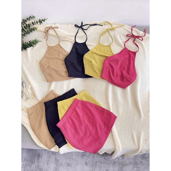 Set 2 món áo yếm croptop cột dây + chân váy ôm ngắn có lót quần nhiều màu