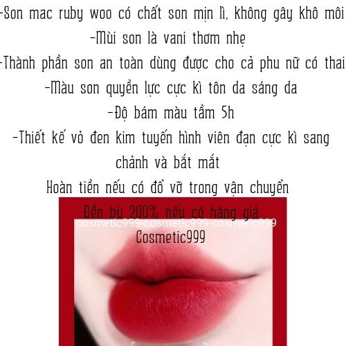 Son mac ruby woo chính hãng, son lì đỏ ruby, đỏ đất lâu trôi Cosmetic999