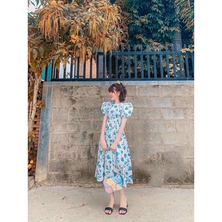 10389 ĐẦM MIDI HOA XANH DẬP LY TAY PHỒNG NƠ LƯNG