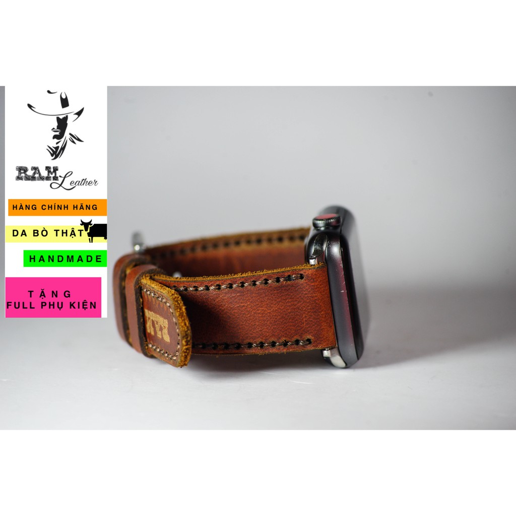 Dây apple watch da bò nâu mận handmade bền chắc cực đẹp RAM Leather classic 1981 - tặng khóa chốt và adapter