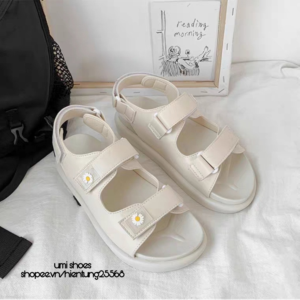 [CÓ SẴN] Giày sandal nữ hoa cúc quai bản ngang ULZZANG đế độn nâng cao 3 phân đi biển xanh/đen/kem đi chơi đi học đẹp