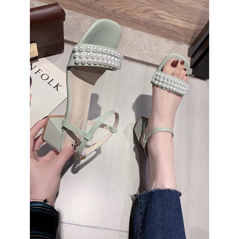 Sandal gót vuông ulzzang đính ngọc cao 5cm