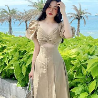 Váy , Đầm Nữ Bigsize Xoắn Ngực Tay Phồng Hở Bụng Che Khuyết Điểm Cho Người Mập 50.90kg