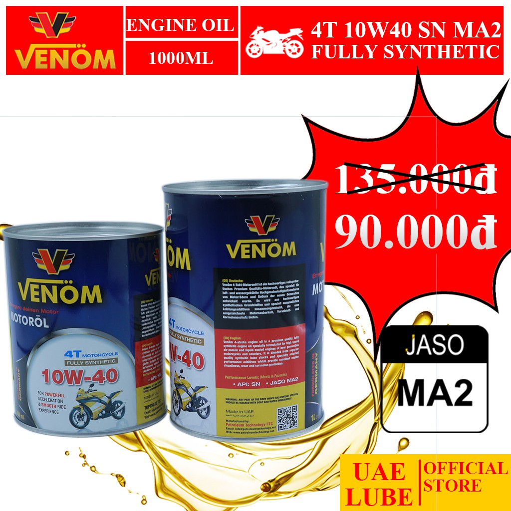 Nhớt Lon Tổng Hợp VENOM 4T MOTOCYCLE 10W40 SN 1000ml - VENOM 4T MOTOCYCLE FULLY SYNTHETIC - Made in UAE