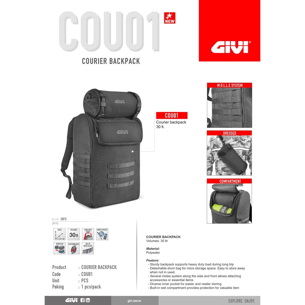 Balo đi phượt, du lịch GIVI COU01 30L kèm túi đeo chéo COU01, thời trang, cá tính, thích hợp những chuyến du lịch