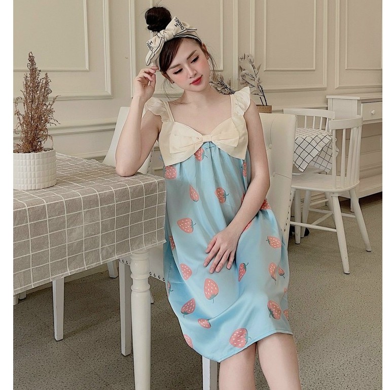 Váy, đầm ngủ tay cánh tiên phối nơ ngực chất lụa satin siêu mềm mát freesize (nhiều hoạ tiết)