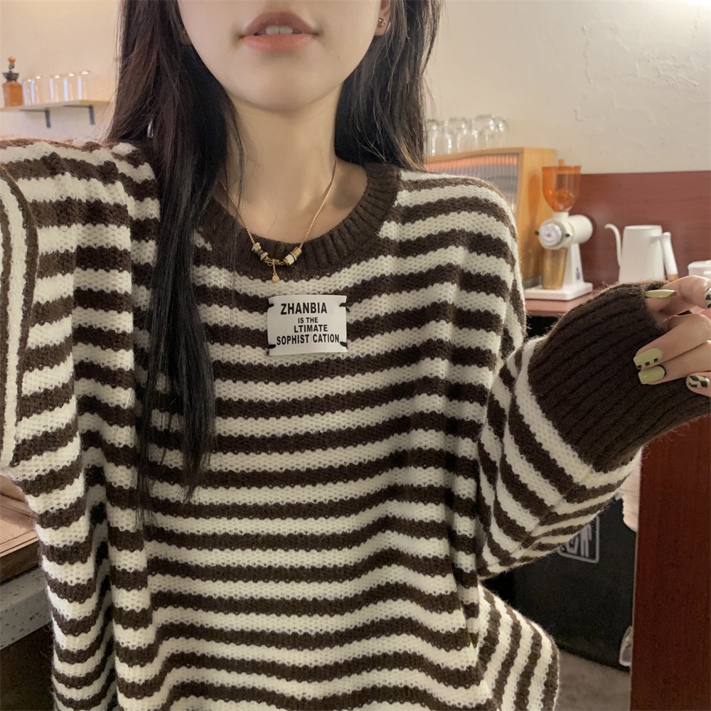 ZHELIHANGFEI Áo Len Tay Dài Form Rộng Họa Tiết Sọc Theo Phong Cách Phương Tây Dễ Phối Đồ