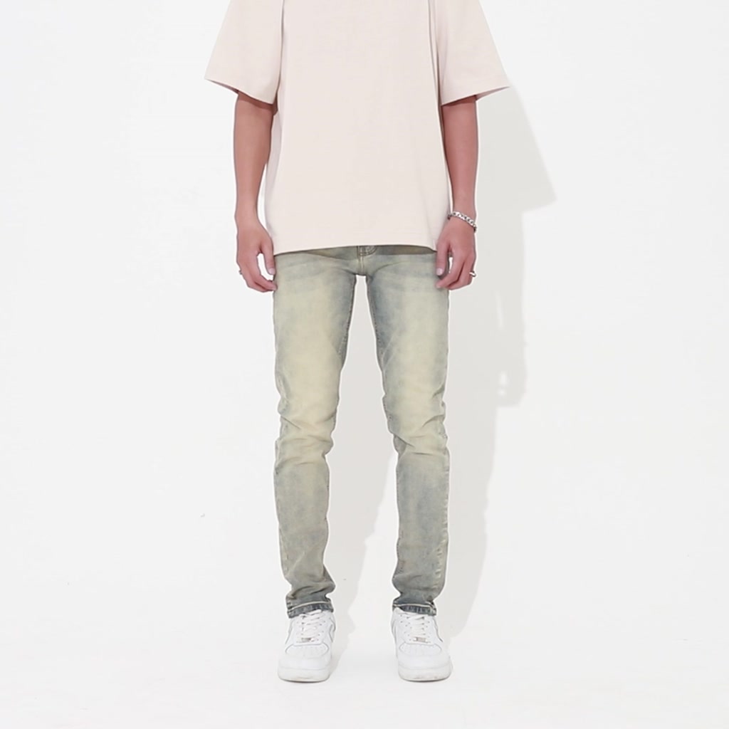 Quần jean nam streetwear cao cấp FNOS NZ21 màu xanh wash bụi form slimfit jean co giãn | BigBuy360 - bigbuy360.vn