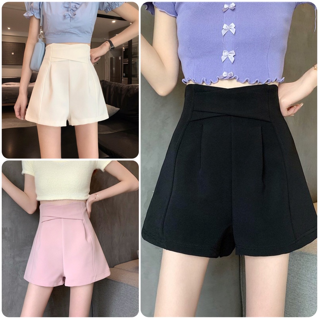 Quần đùi,Quần short cạp cao ống rộng phối nơ trước kiểu Hàn Quốc hàng Quảng Châu