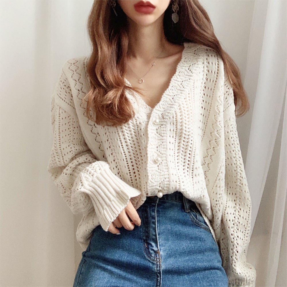 Áo khoác cardigan dệt kim phối ren lỗ phong cách retro cho nữ | BigBuy360 - bigbuy360.vn