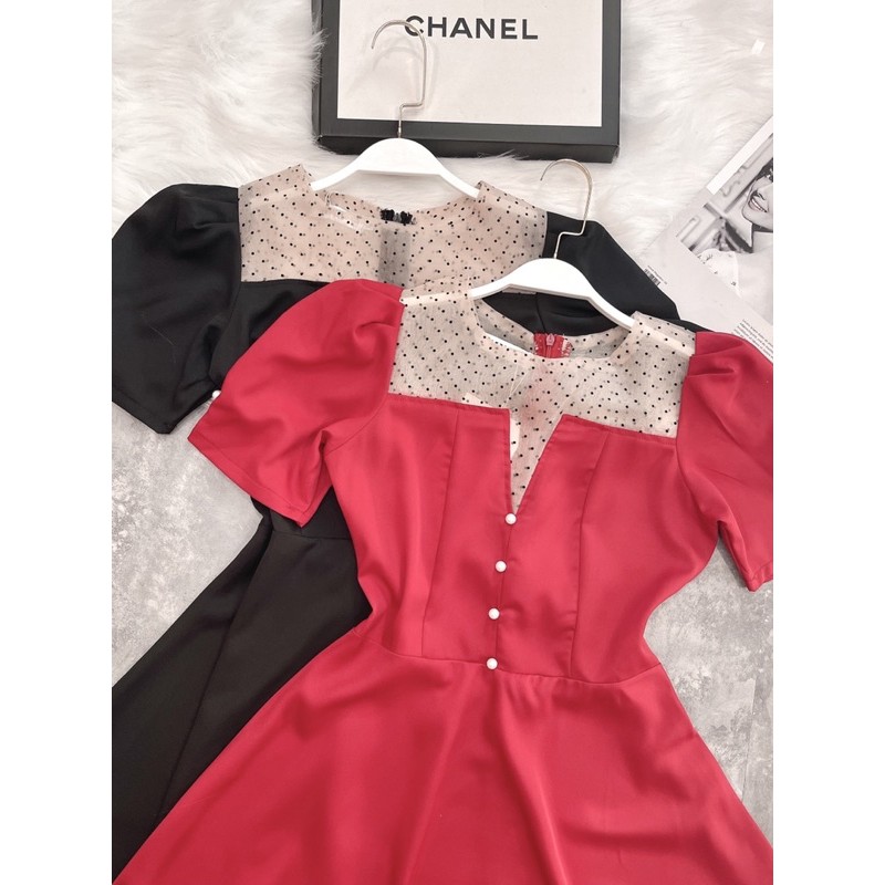 VNU277 - VÁY XOÈ CỔ HỞ V PHỐI LƯỚI CÚC NGỌC | BigBuy360 - bigbuy360.vn