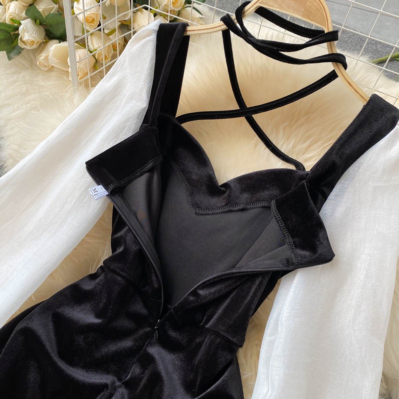 Váy Nhung Dự Tiệc Phối Tay Dây Đai Cổ Hàng Thiết Kế Tôn Dáng Sang Trọng | BigBuy360 - bigbuy360.vn