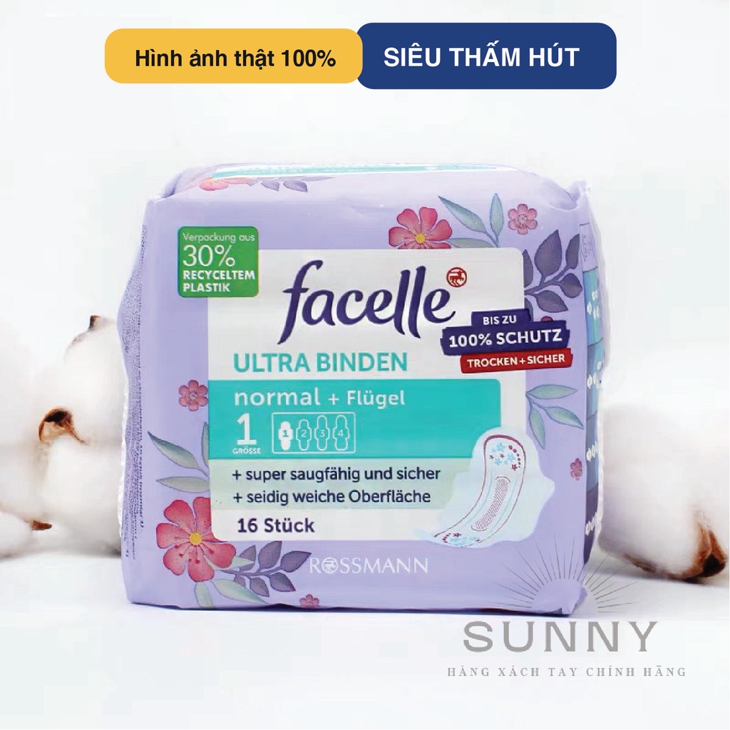 Băng vệ sinh Facelle nội địa Đức gói 16 miếng loại 23cm, có cánh, siêu thấm hút, ngăn mùi vượt trội, chăm sóc, ngăn mùi