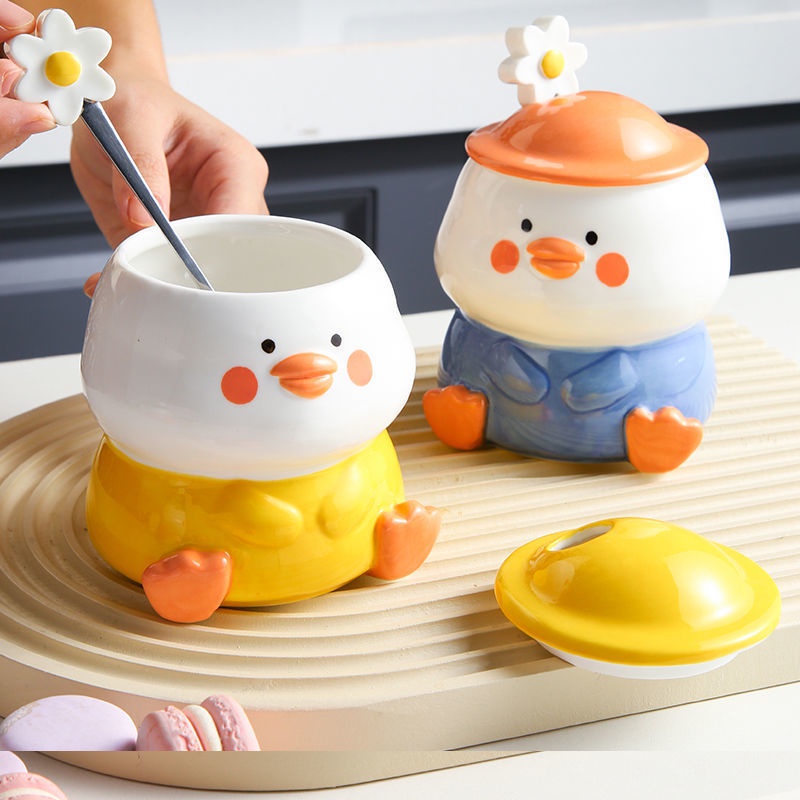 Cốc uống nước gốm hình chú vịt hoạt hình đáng yêu có nắp đậy và muỗng phong cách Hàn Quốc
