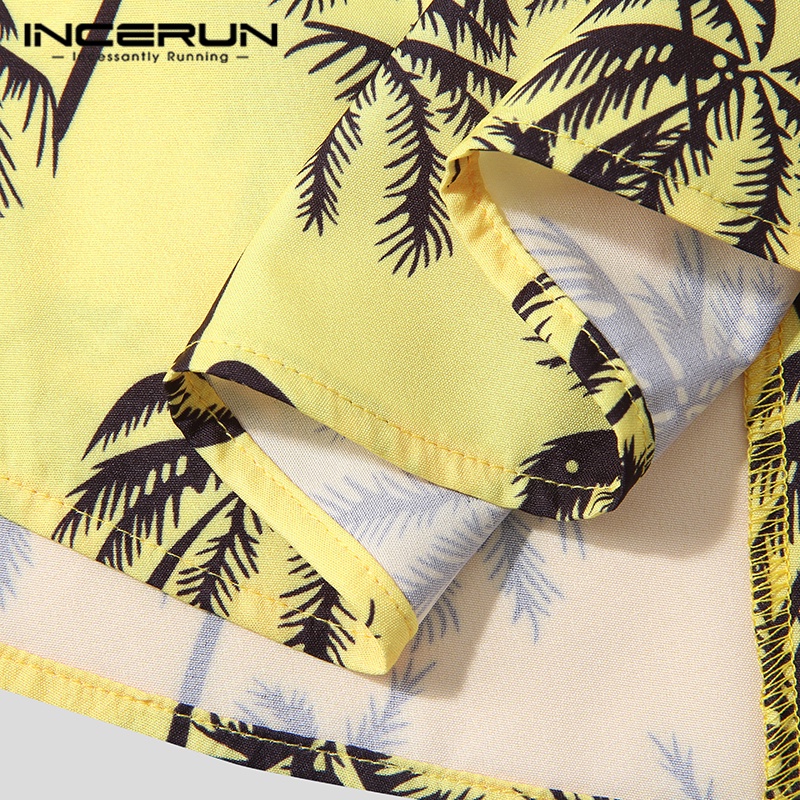 INCERUN Áo Sơ Mi Nam Ngắn Tay Cài Khuy In Hình 3 Lỗ Coplors Thời Trang Đi Biển