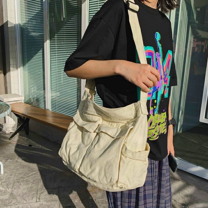 Túi đeo chéo đi học Zoo Bags cỡ lớn vải canvas dày màu xanh rêu hàng độc