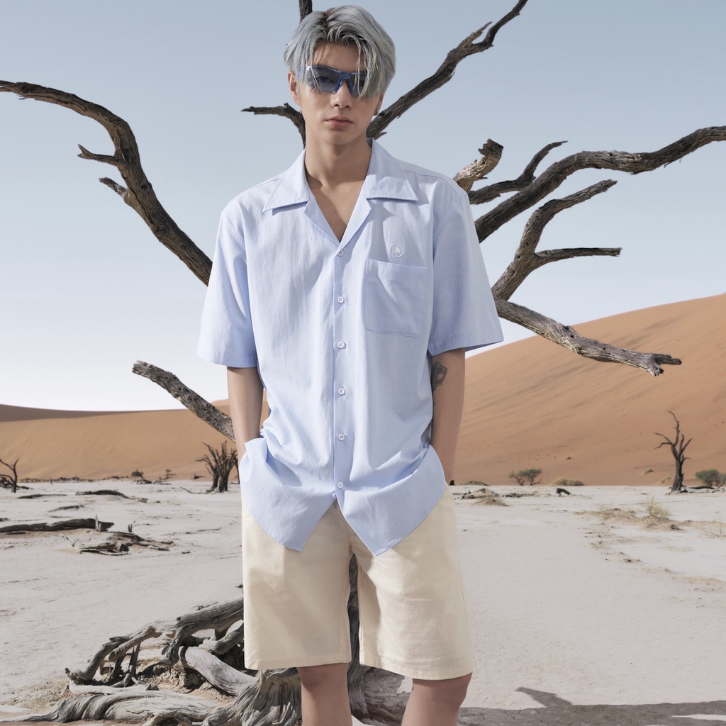 Áo sơ mi tay ngắn xanh biển chất liệu vải Linen mặc thoáng mát, độ bền cao CATSA ASN179