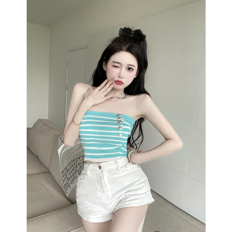 Áo Ống Dệt Kim Họa Tiết Kẻ Sọc Phong Cách Hàn Quốc Thời Trang Quyến Rũ Dành Cho Nữ