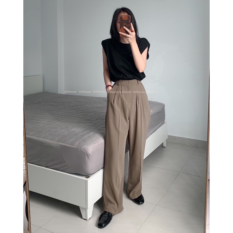 Quần tây ống rộng suông vải mềm rũ màu nâu cạp chun phía sau