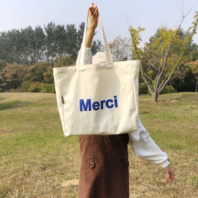 Túi Tote Vải Canvas Nữ Merci phong cách Ulzzang Có Khóa Kéo chất liệu dày dặn